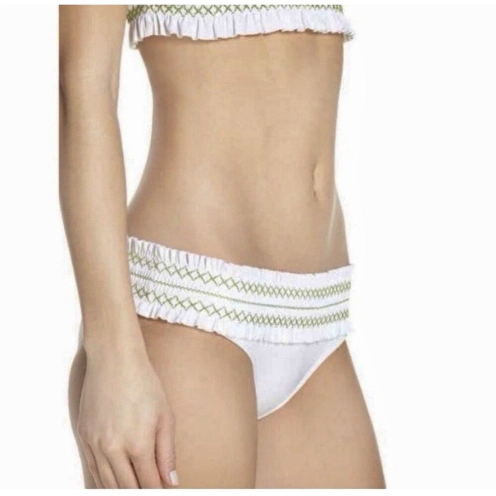 Tory Burch Women's Swim Bikini Bottoms XS Costa Hipster Smocked White Green NWT